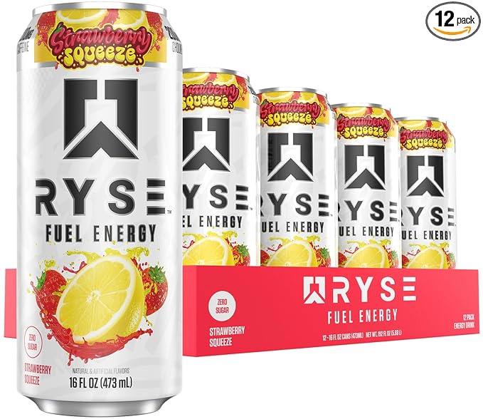 RYSE Fuel Energy Drink - Strawberry Squeeze - Sugar Free Gluten Free &amp Vegan - 200mg Natural Caffeine Taurine &amp Choline for Focus &amp Energy - No Artificial Colors - 16 fl oz Cans (12-Pack