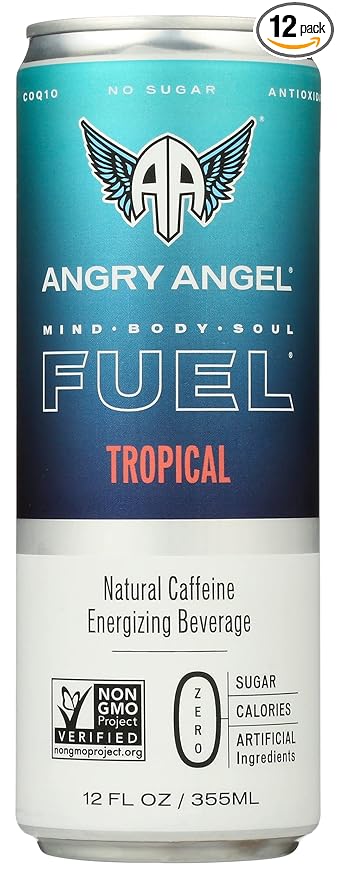 Angry Angel Tropical Energy Drink Natural Caffeine Energizing Beverage Zero Sugar Calories &amp Artificial Ingredients Keto Non-GMO 12 Fluid Ounce (Pack of 12)