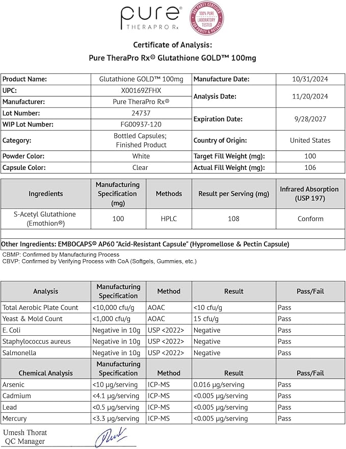 Pure Therapro Rx S-Acetyl Glutathione Gold 100mg Made in USA - 4 Month Supply | Acid Resistant Capsules | Patented Acetylated Form of Glutathione | Zero Fillers Pharmaceutical Grade Non GMO