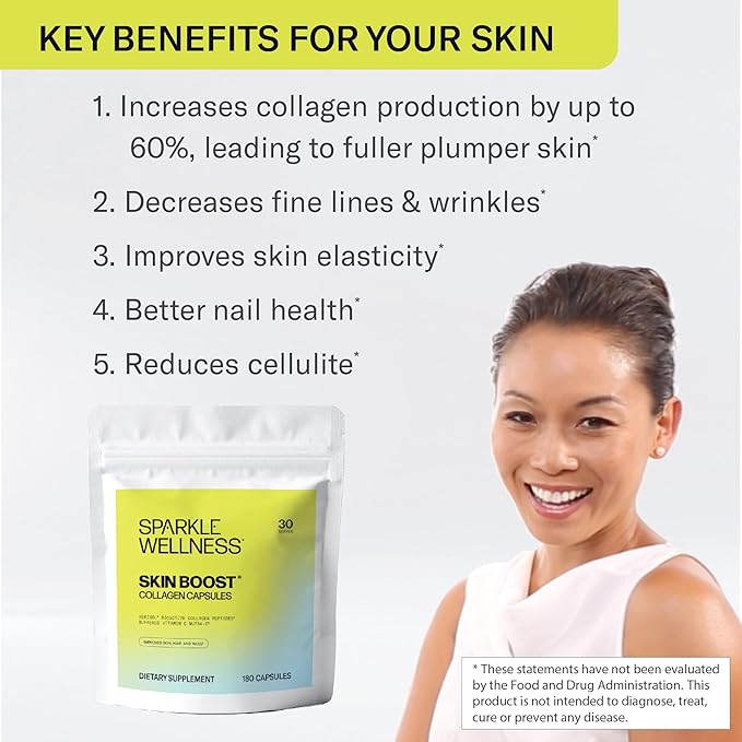 Sparkle Wellness Skin Boost Plus (No Flavor) [30-Serves] &amp Capsules (180 Pills) | VERISOL Bioactive Hydrolyzed Collagen &amp Vitamin C to Improve Skin Hair &amp Nail Health