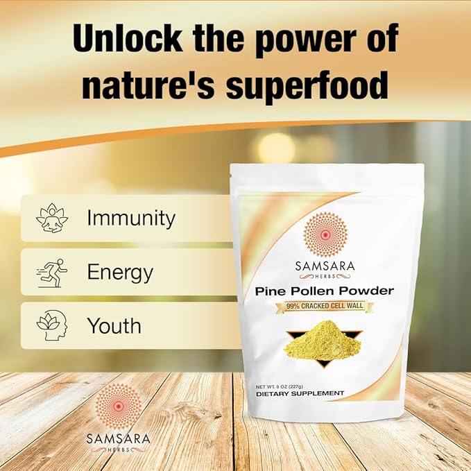 Samsara Herbs Pine Pollen Powder Wild Harvested - 99% Cracked Cell Wall (8oz/227g) Supports Healthy Energy &amp Longevity