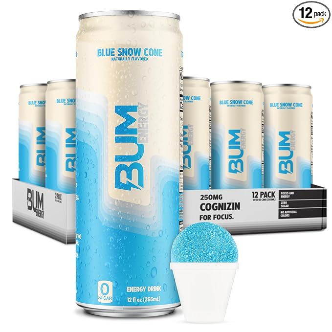 BUM Sugar-Free Energy Drink Blue Snow Cone - Lightly Carbonated &amp No Artificial Colors Natural Caffeine &amp Citicoline for Energy &amp Focus Brain Boost &amp Workout Sports Beverage - 12 oz