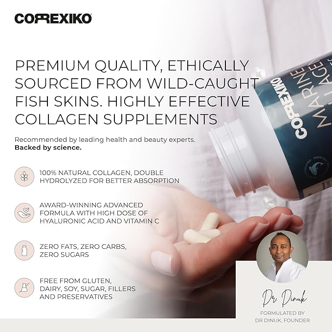 CORREXIKO Marine Collagen Supplement Pills - 1800mg Hydrolyzed Collagen Peptides per Serving with Added Hyaluronic Acid Vitamin C &amp Minerals - for Hair Skin &amp Nails - 720 Capsules 6 Month Su
