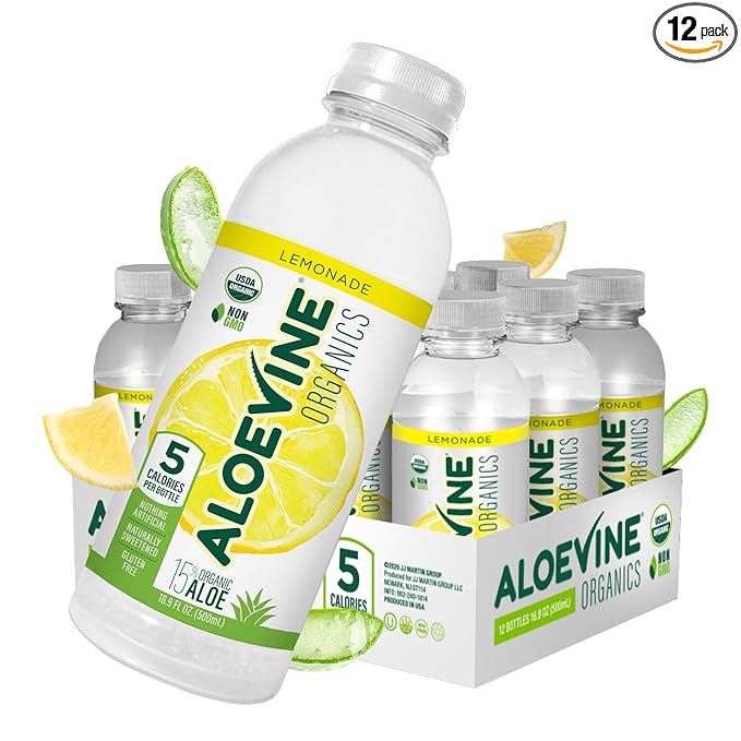 Aloe Vera Juice No-Pulp Organic Aloe Vera Drink Healthy Juice with Aloe Powder and Lemon Juice 5 Calories Low Sugar No Artificial Ingredients 16.9 oz 12 Pack Lemonade - Aloevine Organics