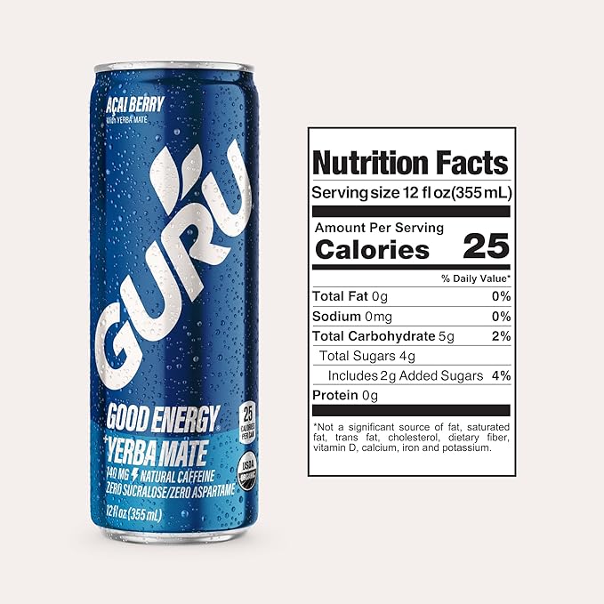 GURU Yerba Mate Organic Energy Drinks Clean Energy Drink with Plant Based Natural Caffeine from Green Tea Low Calorie Gluten Free 140mg Caffeine Healthy Drinks Acai Berry 12oz (Pack of 24)