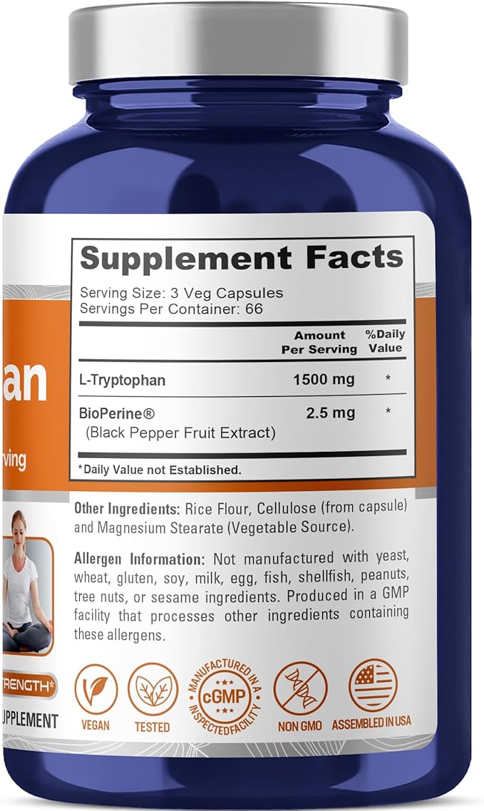 NusaPure L-Tryptophan Capsules 1500 mg 200 Veggie Capsules (Non-GMO Vegan)