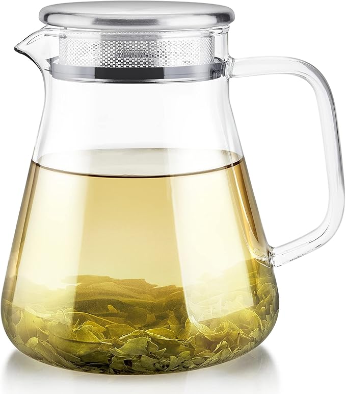 Teabloom One-Touch Tea Maker 2-in-1 Teapot and Kettle with Stainless Steel Filter Lid for Loose Tea – Stain-Free Borosilicate Glass Teapot (27 Oz) – Tea Connoisseur's Choice