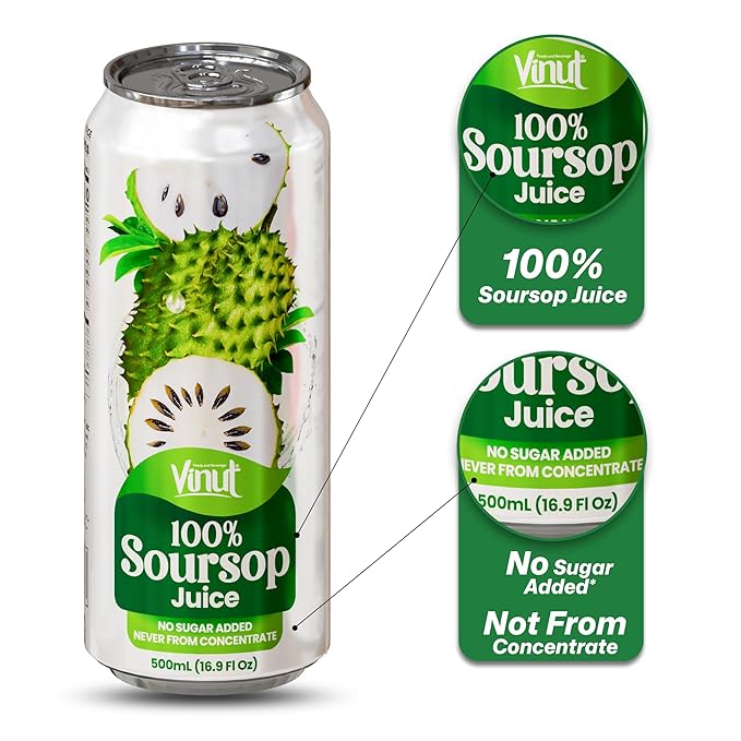 VINUT 100% Soursop Juice No Added Sugar Not From Concentrate 16.9 fl oz (500 mL) Can Pack of 6