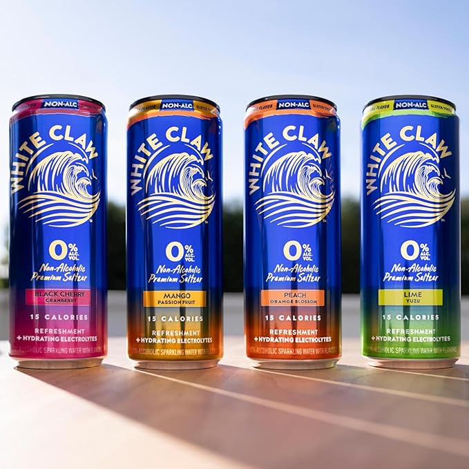 White Claw 36 Pack 0% Alcohol Peach Mango Lime and Black Cherry Non-Alcoholic Premium Non-Hard Seltzer | 15 Calories Gluten Free Hydrating Electrolytes