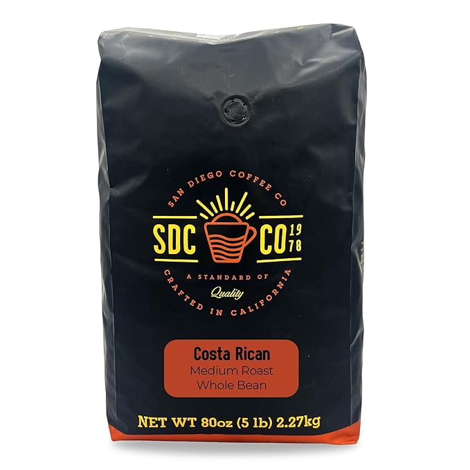 San Diego Coffee Costa Rican Medium Roast Whole Bean Coffee 5-Pound Bag Café en grano tostado