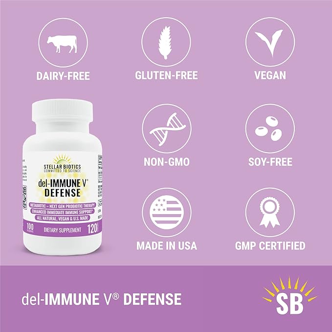 Del-Immune V® Defense by Stellar Biotics All-Natural Immune Support &amp Gut Health (+) Immediate Care Metabiotic: NextGen Probiotic Therapy (120 Caps)