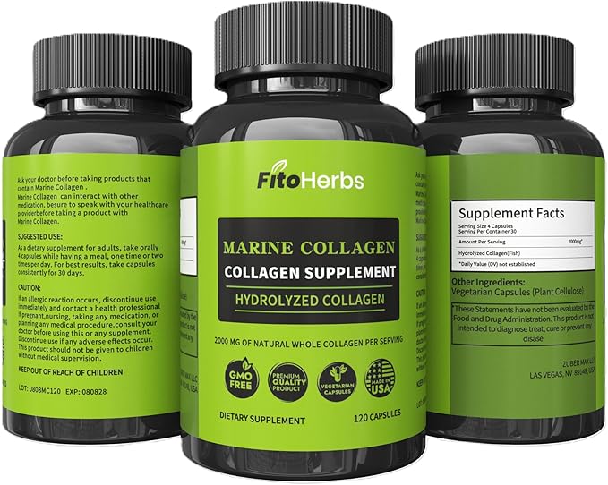 Hydrolyzed Collagen Capsules - Supplement for Hair Skin &amp Nails Joint &amp Bone Support - High Potency Non-GMO - Premium Daily Health Formula - 2000mg Marine Collagen - 120 Capsules