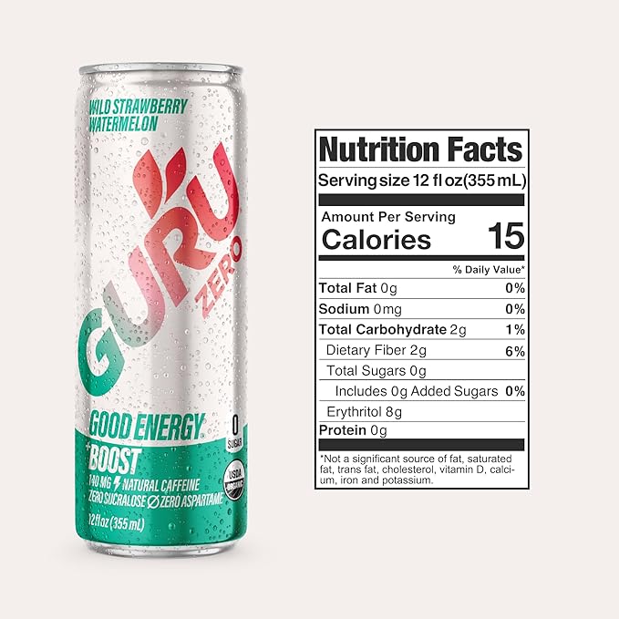 GURU ZERO SUGAR Wild Strawberry Watermelon Organic Energy Drinks Clean Energy Drink with Plant Based Natural Caffeine from Green Tea Coconut Water Prebiotic Zero Added sugars Gluten Free and Vega