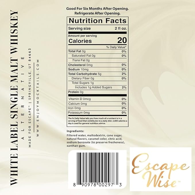 ESCAPE WISE White Label Single Malt Whiskey Alternative | Non-Alcoholic | The World’s Leading Developer of Non-Alcoholic Spirits Liqueurs &amp Mocktails | 25.4 FL OZ (750 ML)