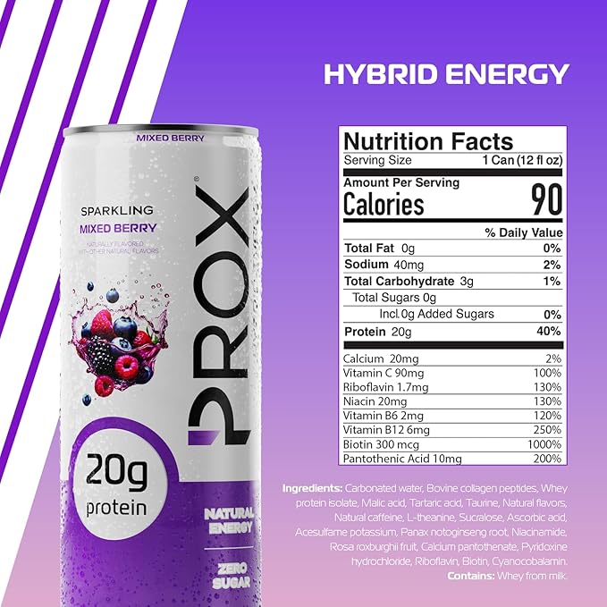 PROX Hybrid Energy Drink with 20g Protein Zero Sugar 200mg Natural Caffeine 90 Calories 12 Pack (Mixed Berry)