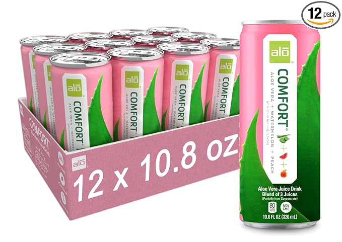 ALO Drink |ALO Comfort Aloe Vera Juice Drink | Watermelon + Peach Flavor | 12 Pack | 10.8 FL OZ (320mL) Cans