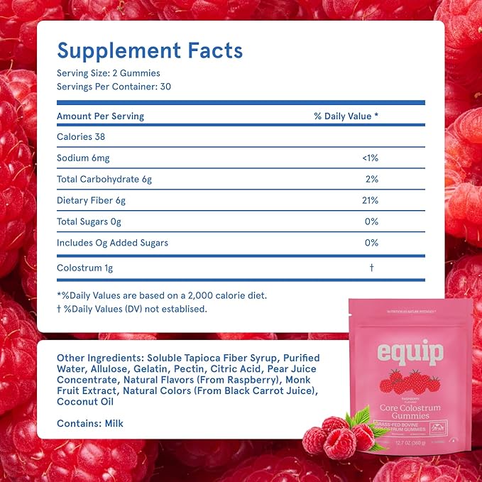 Equip Foods Core Bovine Colostrum Gummies - Delicious 1g Per Seving Grass Fed Colostrum Supplement - Gut Health Immunity Recovery Hair &amp Skin - 60 Bovine Colostrum Gummies 30 Servings Raspber