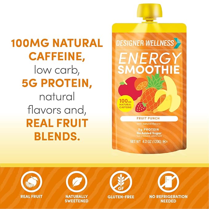 Designer Wellness Energy Smoothie Real Fruit 100mg Natural Caffeine 5g Protein Low Carb Zero Added Sugar Gluten-Free Fruit Punch 12 Count