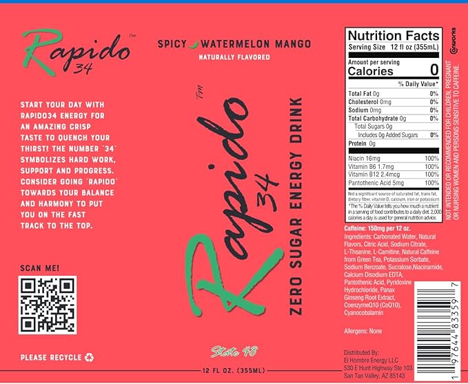 Rapido34 Energy Drink-Spicy Watermelon Mango-Zero Sugar-150mg Natural caffeine from Tea-Pre Workout-Clean Energy-12 Pack