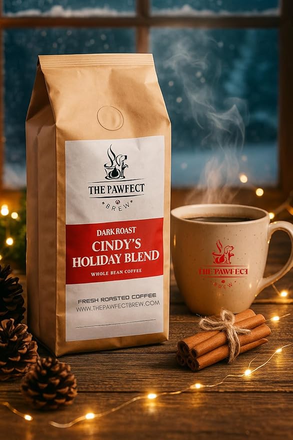 Dog Lovers Coffee – Cindy’s Holiday Blend Dark Roast Whole Bean Coffee by The Pawfect Brew – Specialty Grade Freshly Roasted to Order 12oz Bag – 25% Donated to Animal Rescue