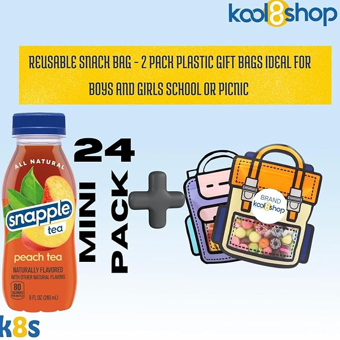 Snapple Apple All Natural Juice Drink 8 fl oz Mini Plastic Bottle 24 Pack + 2 Reusable Snack Bags by KOOL8SHOP Infinite Deals