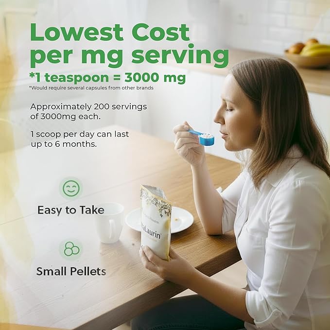UltraLaurin® Monolaurin Supplement – 3000 mg Coconut-Derived Pellets for Immune &amp Gut Health Support Digestive Wellness – 21 oz / 200 Servings – Vegan Non-GMO Natural Immune &amp Digestive Su