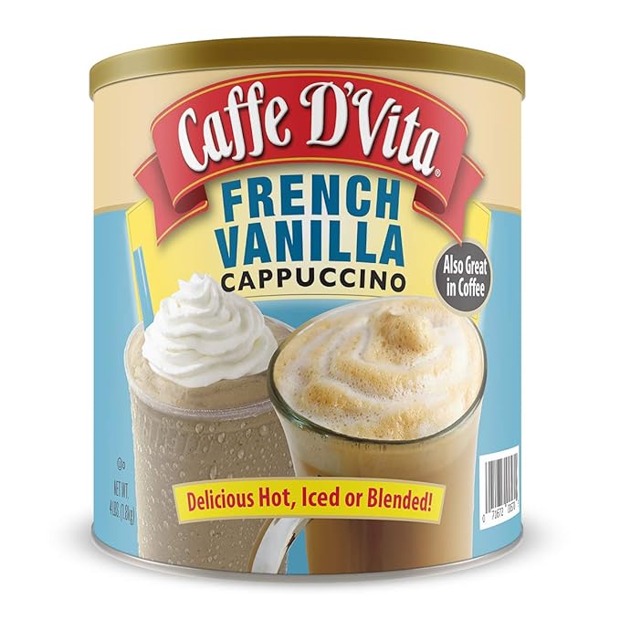 Caffe D'Vita French Vanilla Cappuccino Mix - Instant Vanilla Cappuccino Coffee Mix Gluten Free No Cholesterol 99% Caffeine Free - 4 lb. Can