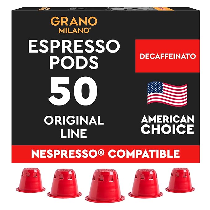 Grano Milano Ristretto Decaf - 50 Espresso Pods Compatible with Nespresso Original line Medium Roast - Intensity 10/12 Coffee Capsules Made in Italy Espresso Coffee