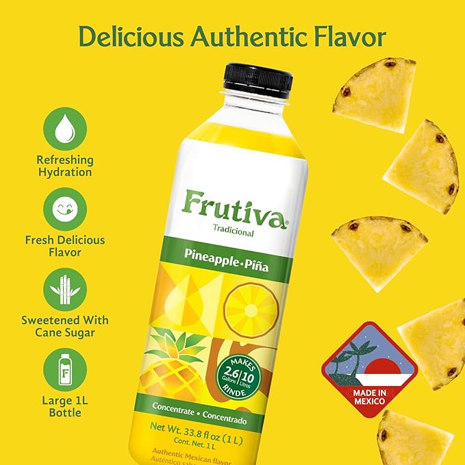 Frutiva Authentic Pineapple Drink Mix | Made in Mexico with Cane Sugar | Piña Aguas Frescas Concentrate Makes 2.6 Gallons Per Bottle | No High Fructose Corn Syrup | Perfect for Drinks Desserts &amp