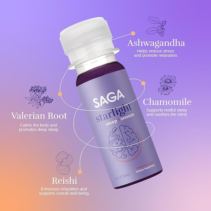 SAGA Starlight Organic Sleep Shots – Natural Sleep Aid with Melatonin Reishi Valerian Root Ashwagandha Chamomile – Sugar-Free Vegan Zero Calories Plant-Based Sleep Support Travel Size (2 Oz)