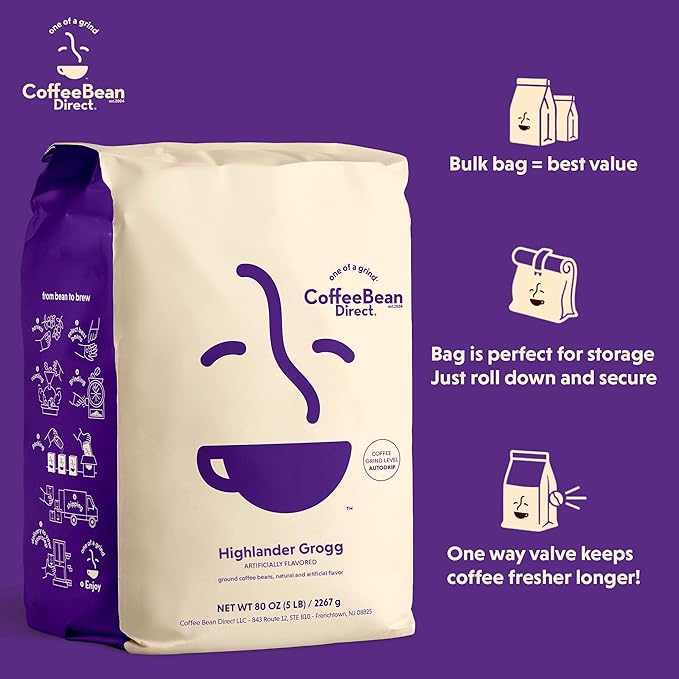 Coffee Bean Direct Highlander Grogg Flavored Ground Coffee 5 Pound Bag (Pack of 1)