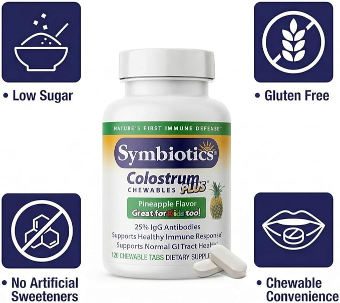 Symbiotics Naturade Colostrum Chewable Tablets – Immune &amp Digestive Support with Lactoferrin Gluten Free Low Sugar Easy Daily Wellness Nutrition (120 Count - Pineapple)
