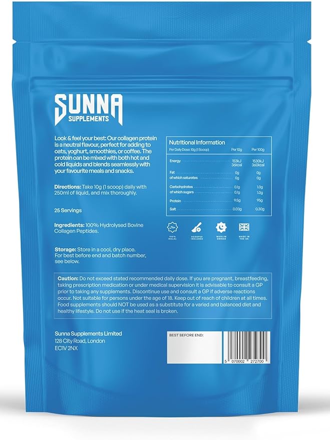 SUNNA SUPPLEMENTS Grass-Fed Halal Collagen Powder - Type I &amp III Hydrolyzed Bovine Peptides for Joint Skin Hair &amp Nail Support - High Protein Gluten-Free Keto &amp Paleo Friendly - Unflav