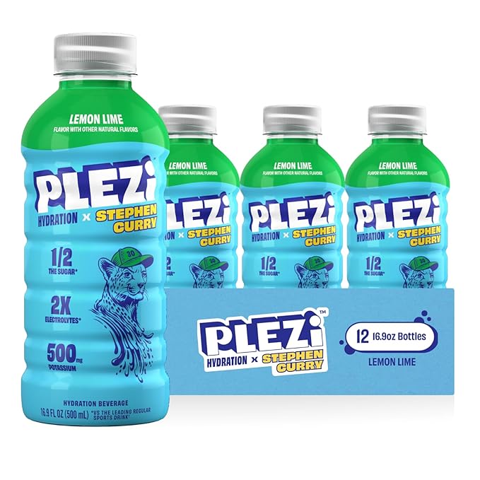 PLEZi Hydration Drink Bundle – Tropical Punch &amp Lemon Lime x Stephen Curry – Sports Drinks with 2X Electrolytes 500mg Potassium No Added Sugar – 16.9 Fl Oz (24 Pack Total)