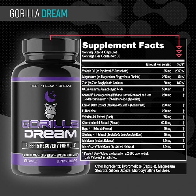 Gorilla Mind Dream Sleep Supplement (120 Capsules) - Nootropic Infused Comprehensive Sleep &amp Recovery Supplement - GABA Melatonin Valerian Root Magnesium L-Theanine Sensoril Ashwagandha &amp