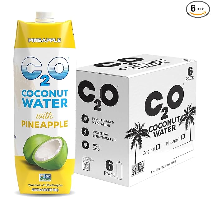 C2O - Coconut Water with Pineapple (6 Pack) - Made with Fresh Coconut Water - Plant Based Non GMO Water - Natural Hydration Essential Electrolytes &amp Potassium - 6 Tetra Packs 33.8 FL OZ