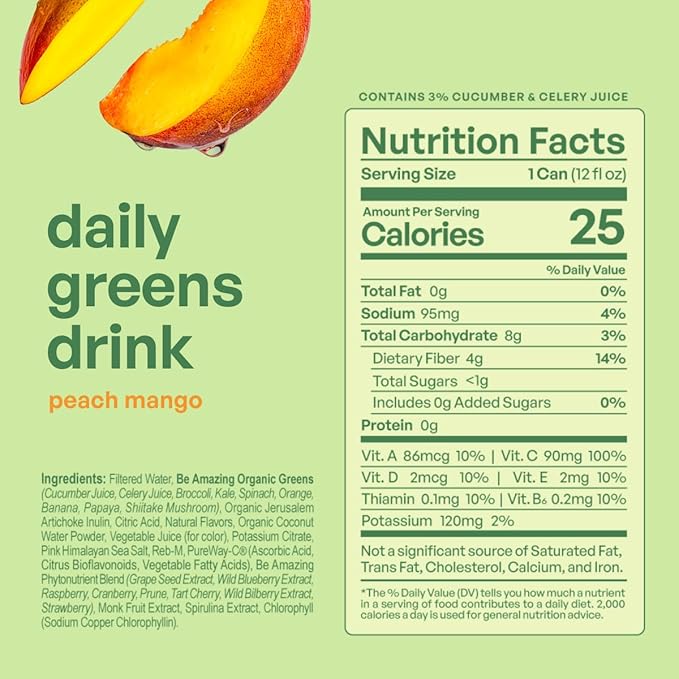 Be Amazing Greens Drink Peach Mango Vitamin Drinks With 10 Organic Fruits and Vegetables Coconut Water Vitamin C and Prebiotic Fiber 25 Calories Low Sugar Vegan and Gluten Free 8 Pack