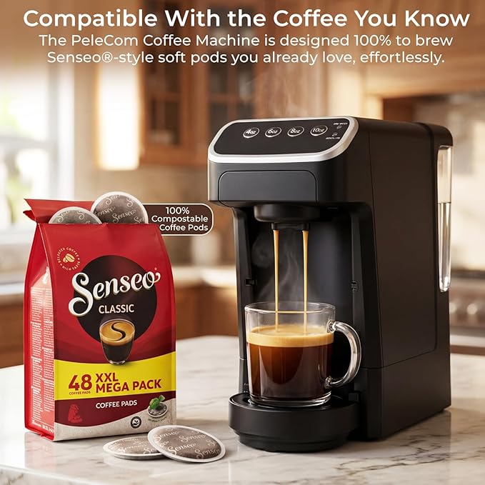 Coffee Machine – Compatible with Senseo Pods – Fast Brewing Single-Serve Coffee Maker with Rich Flavor Extraction Crema Layer Space-Saving Sleek Design Barista-Quality Taste