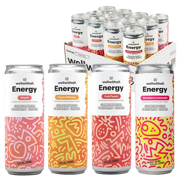 WellWithAll Energy Drink Variety Pack Strawberry Lemonade Fruit Punch Tropical Mango Peach Flavors Caffeine from Tea With Vitamin C Lightly Sparkling Beverage Juice Blend 12 oz 12-Pack