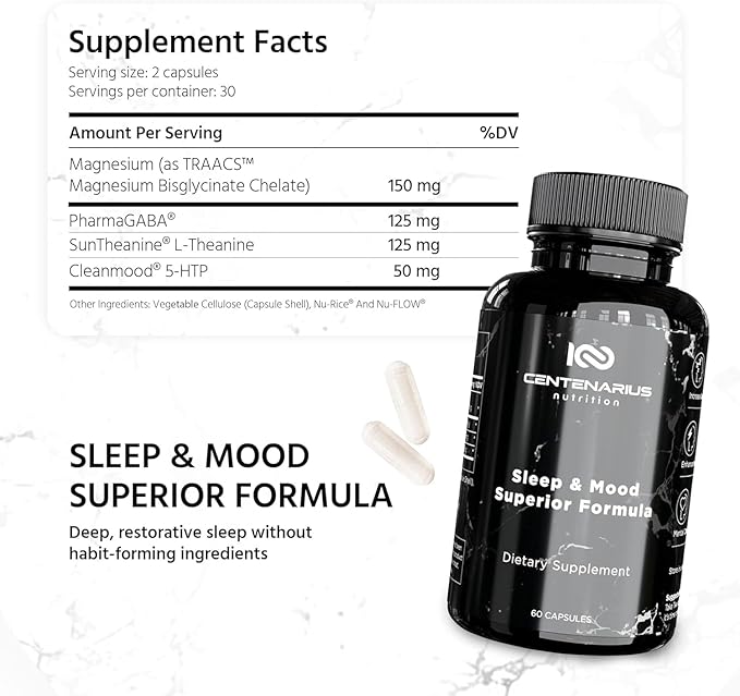 Centenarius Nutrition Sleep and Mood Formula with L-Theanine 5-HTP PharmaGABA + More for Sleep + Enhanced Mood &amp Stress Levels (60 Count)