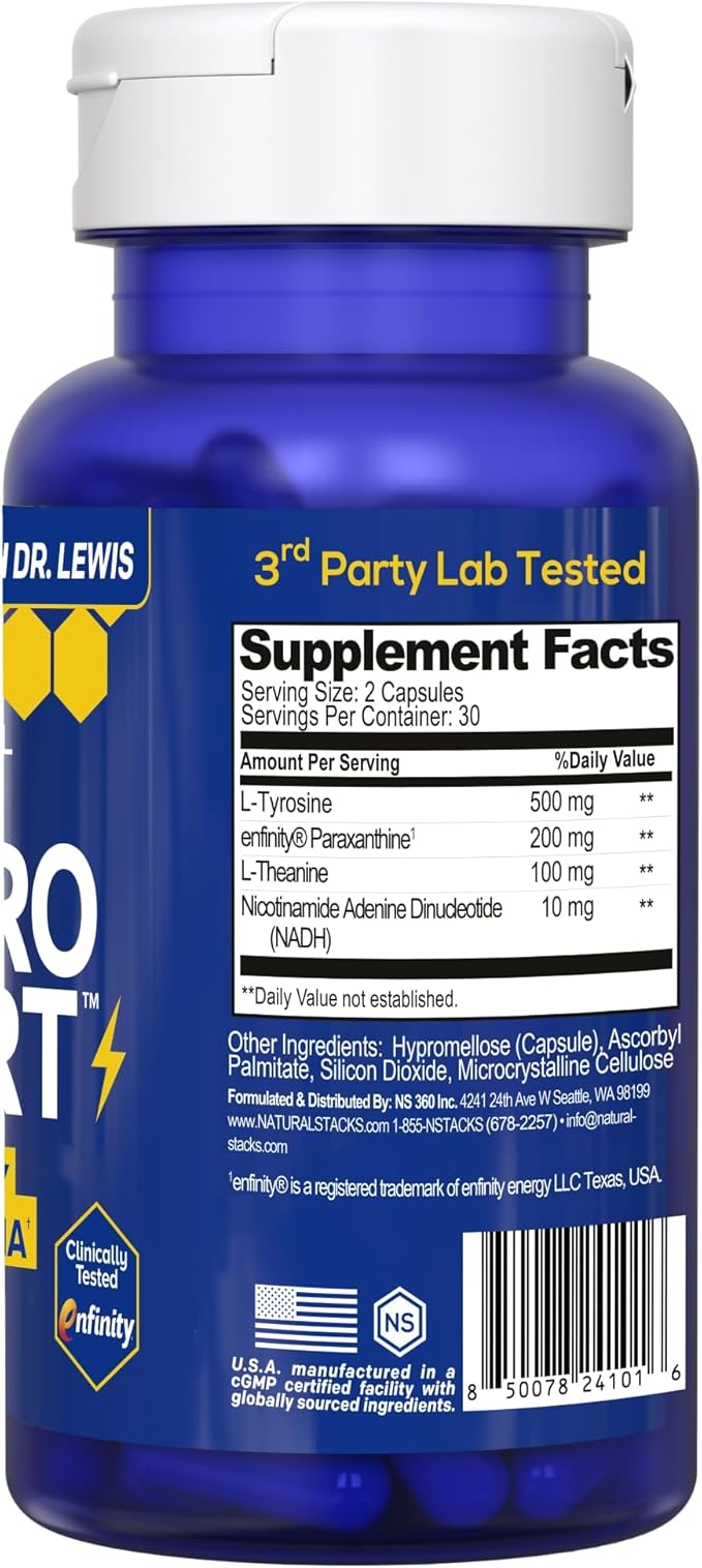NATURAL STACKS NeuroAlert - 200mg Paraxanthine Energy Supplement - Caffeine Free Focus w/ 500mg L-Tyrosine &amp 100mg L-Theanine - 10mg NADH for Cellular Energy Support - 60 Paraxanthine Capsules