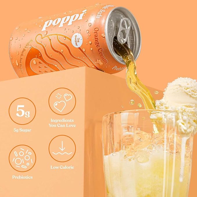 Poppis Prebiotic Soda Cream Variety Pack (15 Pack) - 12 fl oz Cans - Low Sugar Low Calorie Sparkling Juice - Root Beer Orange Cream &amp Cream Soda