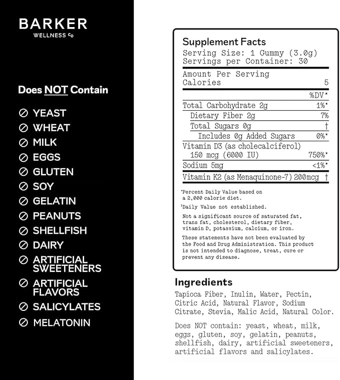 Barker Wellness D3 K2 Vitamin Gummies – Max Potency 6000IU D3 + 200mcg K2 for Strong Bones Cardiovascular Wellness Immune Support | Vegan Sugar-Free Delicious Mixed Berry | 30 Servings