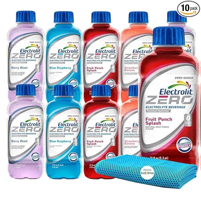 Electrolit Zero Variety Pack Hydration Drink with Electrolytes 21 fl oz Plastic Bottle 10 Pack + 1 Microfiber Cooling Towel by KOOL8SHOP Infinite Deals