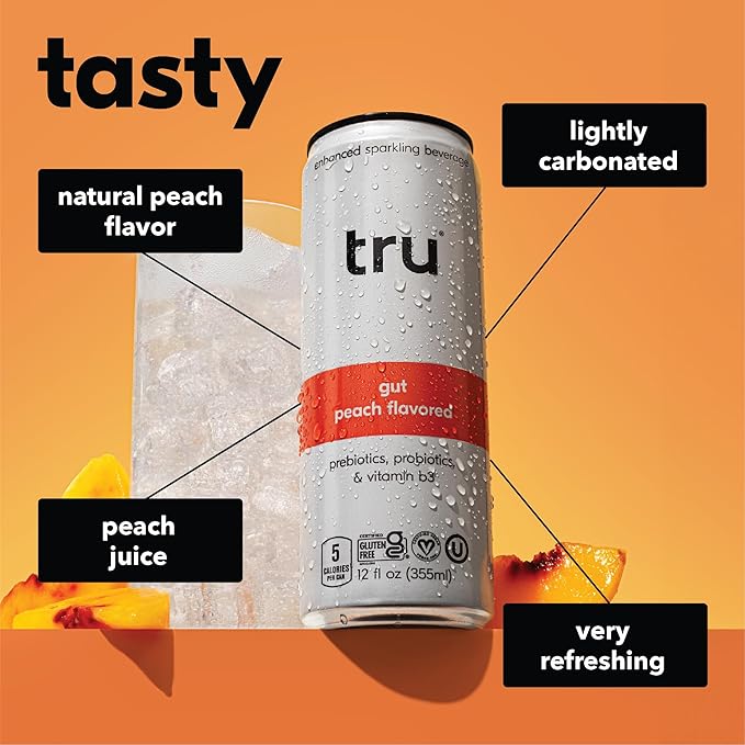 Tru Gut Seltzer Sparkling Water with Prebiotics Probiotics &amp Vitamin B3 Peach Juice &amp Natural Flavor Lightly Carbonated Gluten Free Vegan Caffeine Free Low Calorie 12 FL OZ Cans 12 P