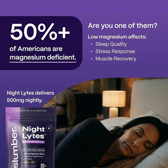 Slumber Night Lytes Magnesium Sleep Powder Drink Mix Vanilla Hibiscus Flavor Magnesium Glycinate L-Theanine Vitamin D3 Zinc Sugar Free Vegan 30 Servings