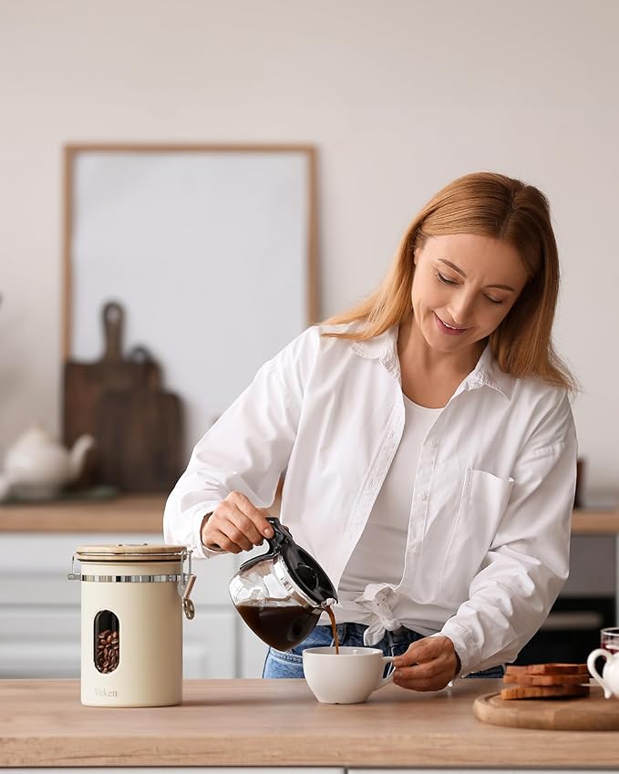 Veken Coffee Sugar Canister with Window Easter Gifts Airtight Stainless Steel Container with Lids Home Kitchen Food Storage Jars for Grounds Beans Tea Flour Cereal Basket Scoop 22OZ Cream