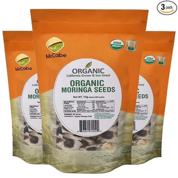 McCabe Organic Sun-Dried Moringa Seeds - Moringa Seeds | Rich with Fiber &amp Minerals | USDA and CCOF Certified | Product of USA | 70g Pack of 3