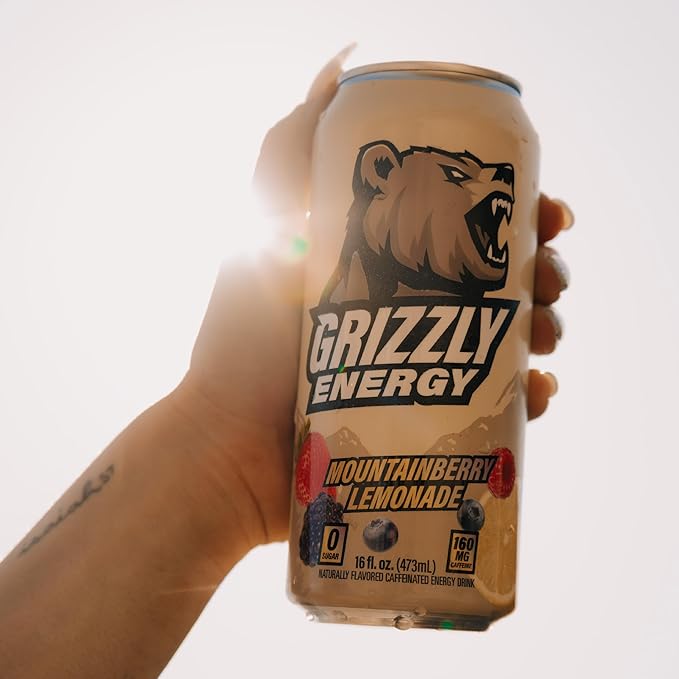 GRIZZLY Energy Drink Mountainberry Lemonade Taurine B Vitamins &amp 160mg Caffeine - Energy Focus &amp Hydration Boost - 10 Calories Zero Sugar - No Artificial Colors or Flavors - 16 fl oz (12 Pack