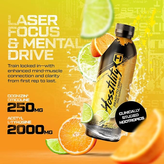 HOSSTILE Hosstility RTD Pre-Workout – Ready to Drink Pre Workout for Energy Focus Pump &amp Hydration All-in-One Formula for Performance Citrus Shock 12 Servings